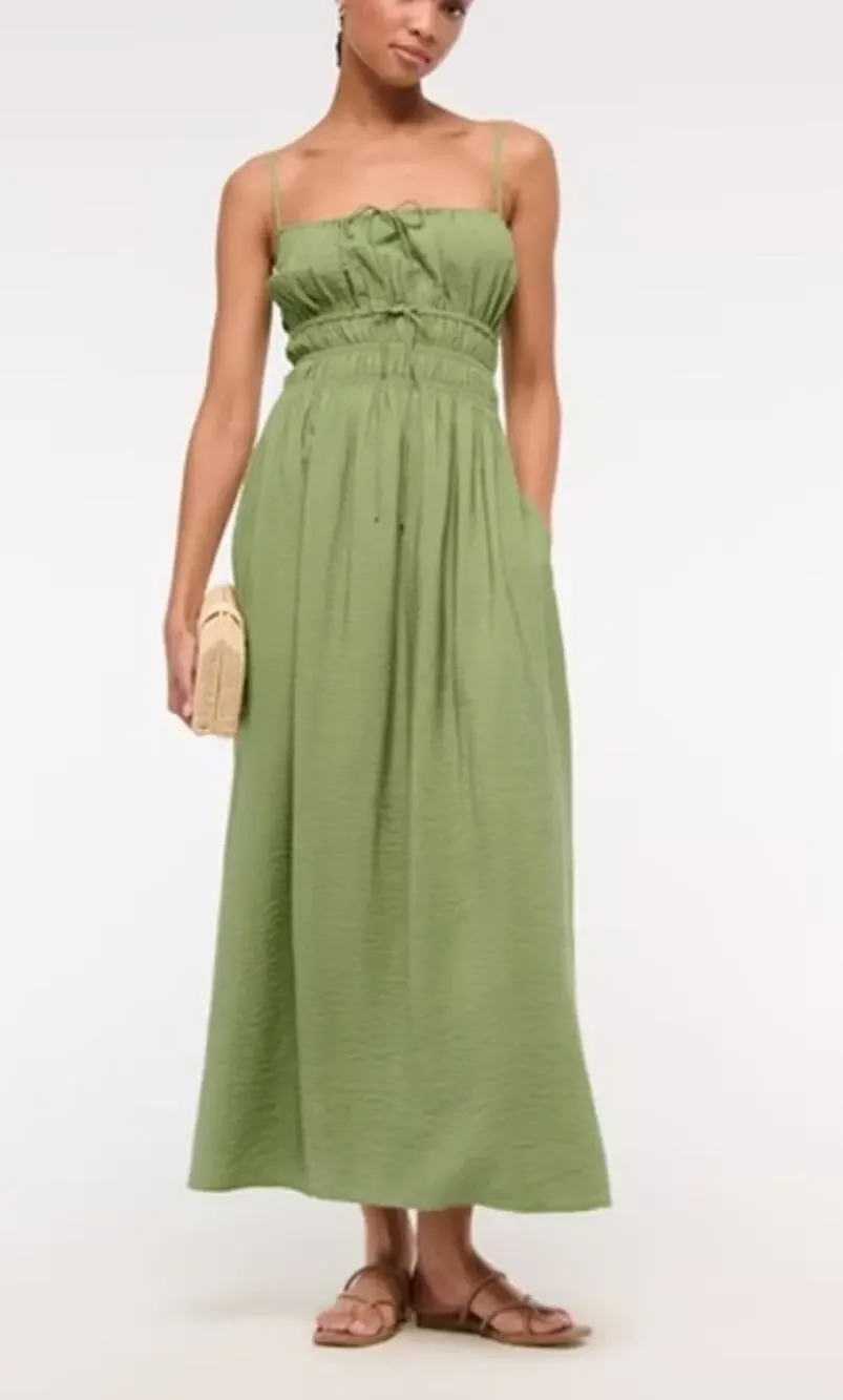 Abercrombie & Fitch Sleeveless Smocked Tie-Front Maxi Dress Bottle Green Large